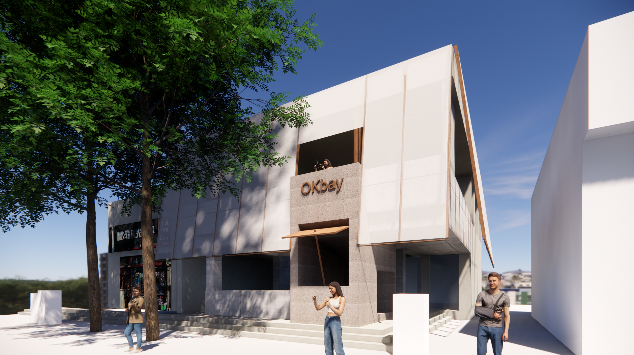 既有建筑外观概念图，带有旧方案的 OKbay 标识